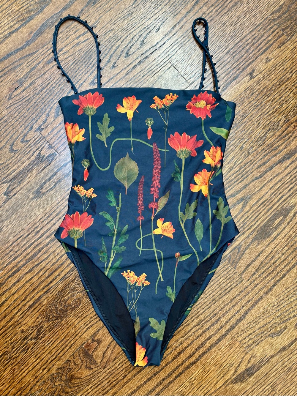 Agua by Agua Bendita Black Floral One-Piece Swimsuit with Red & Yellow Flowers